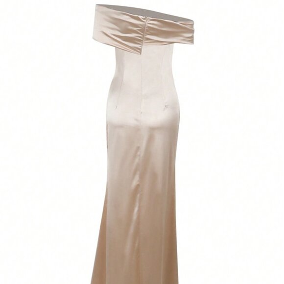 Champagne Elegant Women's Off Shoulder Satin Formal Long Slit Dress - Picture 2 of 4